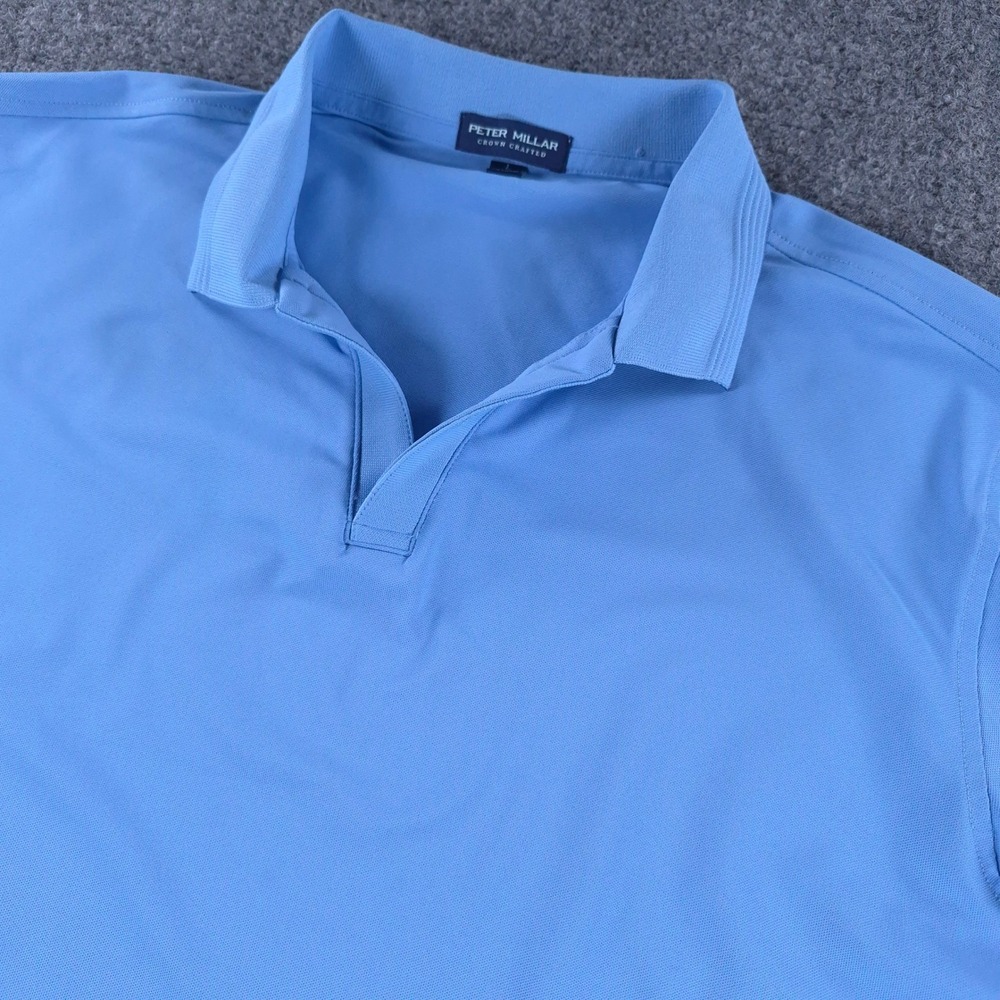 Peter Millar Crown Crafted Mens Large Blue Johnny Collar Performance Polo Shirt